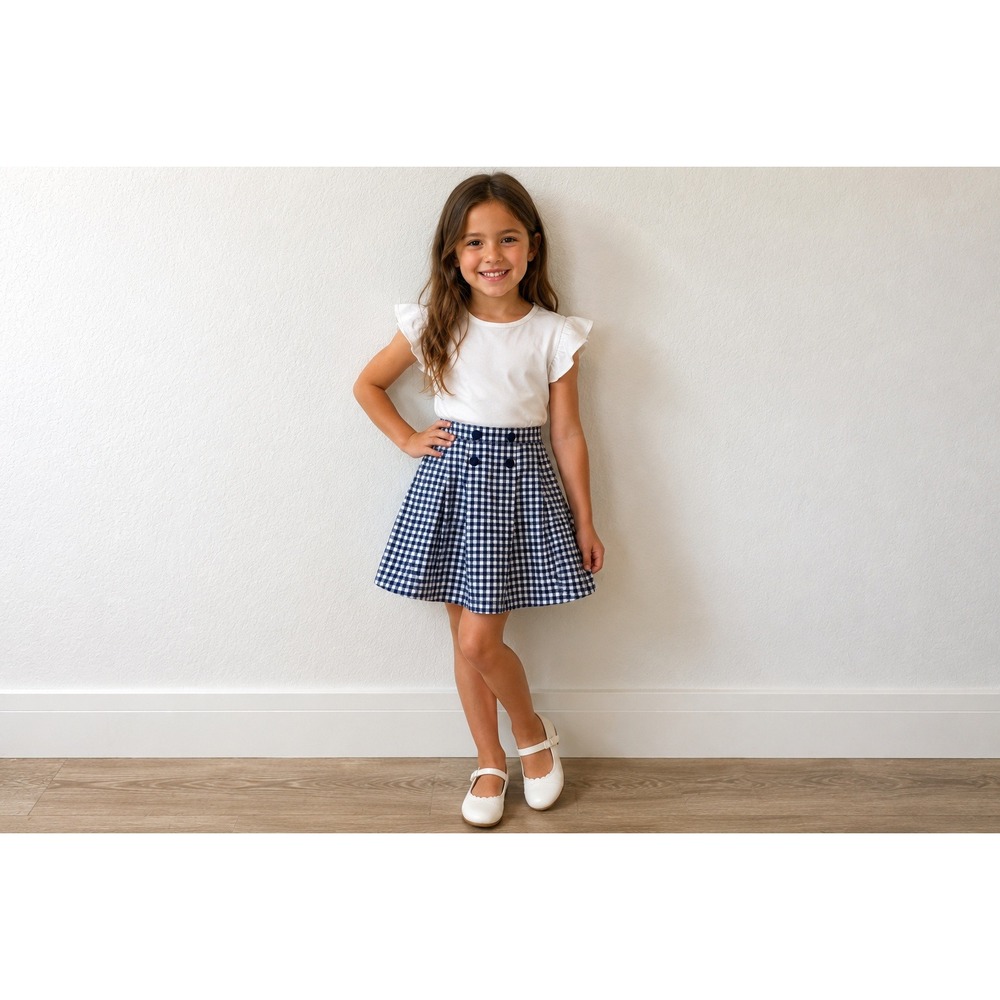Girls Navy Blue Gingham Check Pleated Button Front Skirt Size 5